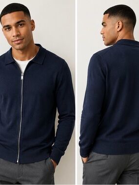 Lindbergh Merino Wool Zip Cardigan Men’s Small Navy Slim Fit Full Zip Sweater